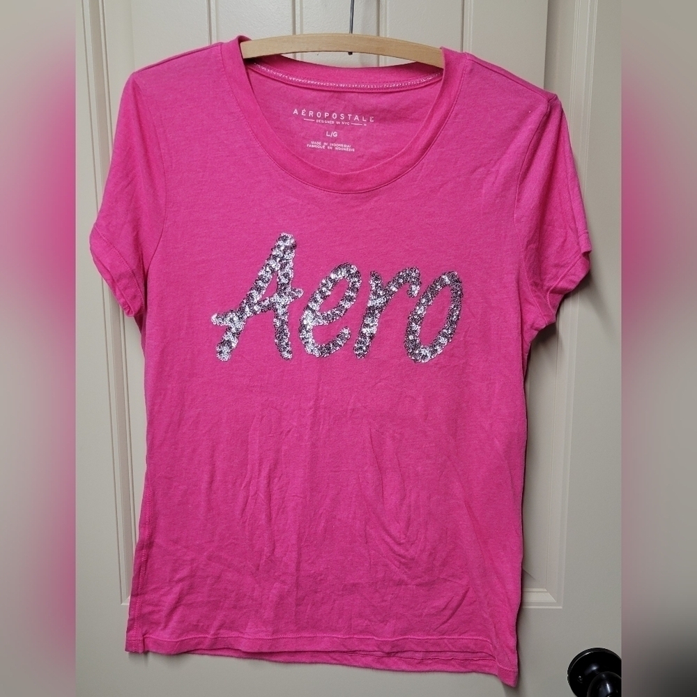 Aéropostale Hot Pink Sequin Aero Logo Graphic Tee - Size Large